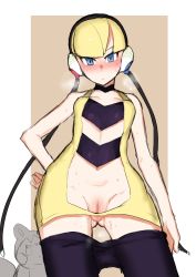 Rule 34 | 1girl, absurdres, bare arms, black choker, black pantyhose, blonde hair, blue eyes, blunt bangs, blush, censored, choker, closed mouth, clothes pull, collarbone, commentary, creatures (company), elesa (pokemon), emolga, from below, game freak, gen 5 pokemon, hand on own hip, headphones, highres, ichigai (hayawossan), looking at viewer, mosaic censoring, navel, nintendo, pantyhose, pantyhose pull, pokemon, pokemon (creature), pokemon bw, pussy, pussy juice, short hair, sleeveless, solo, sweat