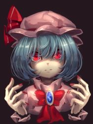 Rule 34 | 1girl, asutora, blue hair, bob cut, bow, bowtie, brooch, brown background, commentary, dress, hair between eyes, hands up, hat, hat ribbon, jewelry, looking at viewer, mob cap, nail polish, pink dress, pink hat, red bow, red bowtie, red eyes, red nails, red ribbon, remilia scarlet, ribbon, simple background, solo, touhou, upper body, wrist cuffs