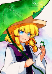 Rule 34 | 1girl, :d, animal, animal on hand, bad id, bad pixiv id, blonde hair, blue eyes, blush, breasts, brown hat, frog, hair ribbon, hat, leaf umbrella, long sleeves, looking at viewer, medium hair, moriya suwako, open mouth, purple vest, qqqrinkappp, red ribbon, ribbon, shirt, small breasts, smile, solo, touhou, traditional media, turtleneck, upper body, vest, white shirt, wide sleeves