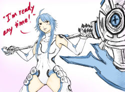 Rule 34 | 10s, 1girl, aqua hair, axe, blanc, blanc (neptunia), breasts, commentary request, djayo, english text, flat chest, neptune (series), red eyes, solo, weapon, white heart (neptune)