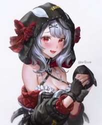 Rule 34 | 1girl, absurdres, artofkuzu, bare shoulders, belt, black belt, black collar, black gloves, black jacket, blush, bow, breasts, cleavage, collar, eye mask, fang, fingerless gloves, gloves, hair ornament, heart collar, highres, holding, holding mask, hololive, holox, hood, hood up, jacket, large breasts, long sleeves, looking at viewer, mask, unworn mask, medium hair, nail polish, off shoulder, open mouth, plaid, plaid bow, red bow, red eyes, red nails, sakamata chloe, sakamata chloe (1st costume), silver hair, simple background, smile, solo, stitches, twitter username, upper body, virtual youtuber, white background, x hair ornament