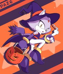 Rule 34 | 1girl, absurdres, animal ears, blaze the cat, cat ears, cat girl, cat tail, eyelashes, fire, furry, furry female, halloween bucket, halloween costume, hat, highres, looking at viewer, open mouth, pants, purple footwear, purple fur, sonic (series), tail, white pants, witch hat, xdaze, yellow eyes
