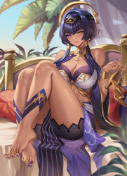 Rule 34 | 1girl, absurdres, bare shoulders, barefoot, blue eyes, breasts, candace (genshin impact), chinese commentary, circlet, cleavage, closed mouth, dark-skinned female, dark skin, egyptian clothes, feet, full body, genshin impact, gold, gold bracelet, gold trim, hair ornament, heterochromia, highres, holding, holding shoes, jewelry, kacyu, knees up, large breasts, legs, low twintails, nail polish, neck ring, purple hair, purple nails, purple skirt, shoe dangle, shoes, short hair with long locks, sitting, skirt, smile, solo, thighs, toe ring, toenail polish, toenails, toes, twintails, yellow eyes