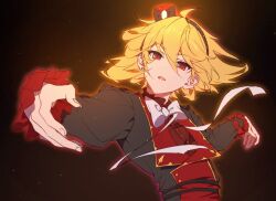 Rule 34 | 1boy, belt, black belt, black jacket, blonde hair, bow, ensemble stars!, highres, jacket, kes 0210, looking at viewer, male focus, multicolored clothes, multicolored jacket, nito nazuna, official alternate costume, open mouth, red eyes, red jacket, red shirt, reminiscence marionette (ensemble stars!), shirt, short hair with long locks, solo, white bow