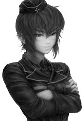 Rule 34 | 10s, commentary request, crossed arms, garrison cap, girls und panzer, greyscale, hair between eyes, hat, imizu (nitro unknown), looking at viewer, military, military hat, military uniform, monochrome, nishizumi maho, short hair, smile, solo, uniform