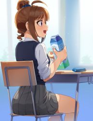Rule 34 | ahoge, black sweater, blue scrunchie, blurry, blurry background, chair, classroom, coin purse, commentary, desk, dress shirt, drill hair, facing away, food, from behind, grey skirt, hair ornament, hair scrunchie, holding, holding food, hot dog, idolmaster, idolmaster million live!, indoors, kamille (vcx68), long sleeves, looking to the side, milk carton, miniskirt, open mouth, pleated skirt, print scrunchie, purple eyes, school chair, school desk, scrunchie, shirt, side ponytail, sitting, skirt, sleeves rolled up, smile, solo, star (symbol), star print, sweater, sweater vest, white shirt, window, yokoyama nao