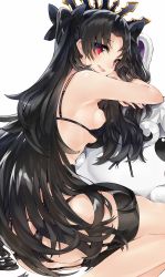 Rule 34 | 1girl, :d, absurdres, armpits, ass, bare arms, bare shoulders, black bra, black hair, black panties, black ribbon, bra, breasts, commentary request, crown, fate/grand order, fate (series), feet out of frame, garter belt, hair ribbon, highres, ishtar (fate), kou mashiro, lips, long hair, looking at viewer, open mouth, panties, parted bangs, red eyes, ribbon, sideboob, simple background, small breasts, smile, solo, stuffed animal, stuffed toy, thigh strap, tohsaka rin, two side up, underwear, underwear only, very long hair, white background