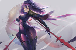 Rule 34 | 1girl, armor, artist name, bamuth, blush, bodysuit, boots, breasts, cape, circlet, closed mouth, covered navel, cowboy shot, curvy, dual wielding, fate/grand order, fate (series), floating hair, from below, gae bolg (fate), gloves, hair between eyes, highres, holding, holding weapon, large breasts, long hair, looking at viewer, motion blur, pauldrons, polearm, purple bodysuit, purple hair, red eyes, scathach (fate), shoulder armor, signature, solo, spear, standing, thigh boots, thigh gap, thighhighs, veil, very long hair, waist cape, weapon, wide hips