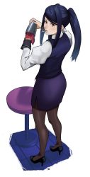 Rule 34 | 1girl, bar stool, black footwear, blue hair, blue skirt, blue vest, cigarette, cocktail shaker, francisco mon, high heels, highres, jill stingray, looking at viewer, looking back, looking up, pantyhose, red eyes, shirt, skirt, solo, stool, twintails, va-11 hall-a, vest, wash cloth, white shirt