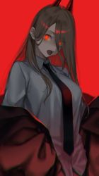 Rule 34 | 1girl, black coat, breasts, brown hair, chainsaw man, coat, collared shirt, cross-shaped pupils, demon girl, dress shirt, fuurin sou, glowing, glowing eyes, hair behind ear, hair between eyes, highres, horns, large breasts, long hair, looking at viewer, necktie, off shoulder, open clothes, open coat, open mouth, power (chainsaw man), red background, red eyes, red necktie, sharp teeth, shirt, simple background, solo, straight hair, symbol-shaped pupils, teeth, untucked shirt, upper body, white shirt