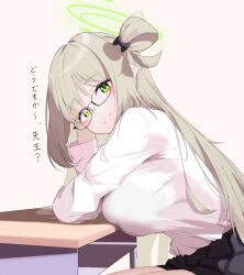 Rule 34 | 1girl, artist request, black bow, bow, breasts, desk, elbows on table, female focus, glasses, green eyes, green halo, halo, highres, indoors, japanese text, large breasts, light brown hair, looking at viewer, nonomi (blue archive), simple background, sitting, skirt, smile, solo, translation request, upper body