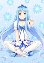 Rule 34 | 1girl, bad id, bad pixiv id, blue eyes, blue hair, blue skirt, brooch, choker, collarbone, cure marine, floating hair, full body, heart, heart brooch, heartcatch precure!, highres, indian style, jewelry, kurumi erika, long hair, looking at viewer, magical girl, mijinko (rioriorio), miniskirt, pleated skirt, precure, shirt, short sleeves, sitting, skirt, solo, striped, striped background, thighhighs, very long hair, white shirt, white thighhighs, wrist cuffs