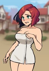 Rule 34 | 1girl, bare arms, bare shoulders, blurry, blurry background, blush, breasts, cleavage, collarbone, commentary, cowboy shot, day, embarrassed, english commentary, green eyes, large breasts, looking away, monorus, multicolored hair, naked towel, nose blush, original, outdoors, red hair, remi (monorus), short hair, solo, sweatdrop, towel, two-tone hair