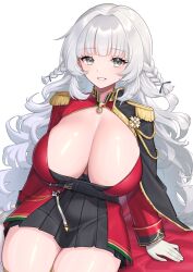 Rule 34 | 1girl, aiguillette, azur lane, black cape, black skirt, braid, breasts, cape, cleavage, cowboy shot, epaulettes, gloves, grin, highres, huge breasts, jacket, long hair, long sleeves, medal, miniskirt, pleated skirt, red cape, red jacket, sagging breasts, saitou touko, shiny skin, simple background, sitting, skirt, smile, solo, twin braids, two-tone cape, very long hair, vittorio veneto (azur lane), white background, white eyes, white gloves, white hair