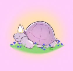 Rule 34 | animal focus, elden ring, from side, grass, hat, heyoitsnino, highres, miriel pastor of vows, mitre, no humans, pink background, signature, smile, turtle