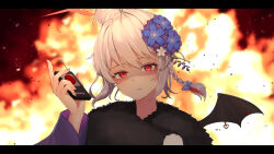 Rule 34 | 1girl, ao12073010, black scarf, blue archive, bow, braid, commentary request, controller, demon girl, demon wings, explosion, fire, flower, fur scarf, hair between eyes, hair bow, hair bun, hair flower, hair ornament, hair ribbon, halo, haruna (blue archive), haruna (new year) (blue archive), highres, holding, holding remote control, japanese clothes, kimono, long hair, long sleeves, looking at viewer, multicolored hair, official alternate costume, official alternate hairstyle, red eyes, remote control, ribbon, scarf, shaded face, sidelocks, simple background, single braid, single hair bun, single wing, solo, two-tone hair, white hair, wide sleeves, wind, wings