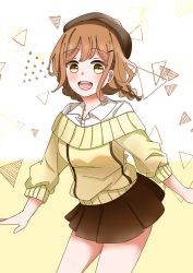 Rule 34 | 1girl, alternate hairstyle, artist name, artist request, bare legs, blouse, blush, braid, breasts, brown eyes, brown hair, brown headwear, brown skirt, buttons, collared shirt, female focus, hair between eyes, hair tie, highres, kunikida hanamaru, layered skirt, light brown hair, long hair, long sleeves, looking at viewer, love live!, love live! sunshine!!, miniskirt, parted lips, plaid, plaid skirt, pleated, pleated skirt, shirt, short twintails, skirt, small breasts, smile, solo, sweater, twin braids, twintails, white background, white shirt, wing collar, yellow eyes, yellow sweater