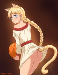Rule 34 | 1girl, animal ear fluff, animal ears, ass, blonde hair, blue eyes, braid, brown background, cat ears, cat tail, commentary, dress, english commentary, everlasting summer, extra ears, from behind, halloween, highres, huyase, light smile, long hair, long sleeves, looking at viewer, looking back, off shoulder, patreon username, pumpkin, simple background, single bare shoulder, single braid, slavya-chan, solo, tail, very long hair
