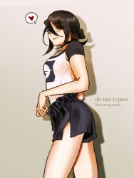 Rule 34 | 1girl, black choker, black hair, carrotsprout, chainsaw man, choker, facing to the side, green eyes, grey background, hair between eyes, hair bun, heart, highres, looking at viewer, medium hair, reze (chainsaw man), shadow, shirt, shorts, side slit, side slit shorts, sidelocks, simple background, smile, solo, thighs, thought bubble, twitter username, white shirt
