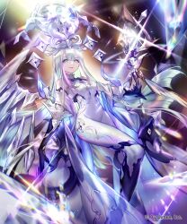 Rule 34 | 1girl, aqua eyes, aqua hair, bare shoulders, black gloves, bodysuit, breasts, cosmetics, covered navel, crown, diamond master (shadowverse flame), floating, gem, gloves, highres, jewelry, lee hyeseung, light rays, lips, lipstick, long hair, looking at viewer, makeup, medium breasts, official art, pink lips, shadowverse, shadowverse flame, skin tight, smile, solo, staff, white bodysuit, wings