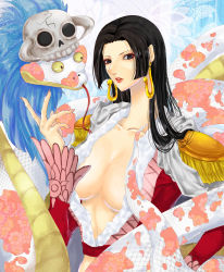 Rule 34 | 1girl, absurdres, amazon warrior, blue eyes, boa hancock, breasts, cleavage, earrings, hand on own hip, highres, jewelry, large breasts, long hair, one piece, salome (one piece), snake