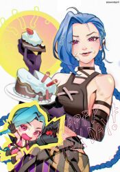 Rule 34 | :d, :q, ahoge, arcane: league of legends, arcane jinx, artist name, asymmetrical bangs, bare shoulders, blue hair, braid, breasts, cake, cream, cream on face, fangs, food, food on face, gloves, happy birthday, heart, highres, holding, holding plate, holding rocket launcher, holding weapon, jinx (league of legends), league of legends, long hair, looking at viewer, medium breasts, no tattoo, official alternate costume, open mouth, pink eyes, pink thighhighs, plate, purple gloves, rocket launcher, sawolapril, shiny skin, single thighhigh, smile, thighhighs, tongue, tongue out, twin braids, v, weapon, white background