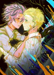 Rule 34 | 2boys, black hair, blonde hair, chundizhouqin, closed mouth, collared shirt, crying, crying with eyes open, earrings, green eyes, highres, jewelry, long sleeves, male focus, multicolored hair, multiple boys, open mouth, parted lips, pink hair, red eyes, rumeld othmayer, saibou shinkyoku, scar, scar on neck, shirt, short hair, smile, tears, theodore riddle, white shirt