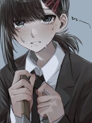 Rule 34 | 1girl, black gloves, black hair, black jacket, black necktie, blue background, blush, chainsaw man, collared shirt, commentary request, crying, gloves, hair between eyes, hair ornament, hairclip, higashiyama kobeni, highres, holding, holding knife, jacket, knife, looking at viewer, man015s, mole, mole under eye, mole under mouth, necktie, parted lips, ponytail, shirt, simple background, solo, upper body, white shirt