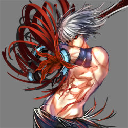 Rule 34 | 00s, 1boy, albino, armband, berserker (dungeon and fighter), dungeon and fighter, grey background, grey hair, inanna123, male focus, pants, red eyes, topless male, slayer (dungeon and fighter), solo, sword, tattoo, weapon