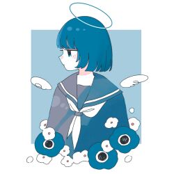Rule 34 | 1girl, anemone (flower), arms at sides, blue background, blue eyes, blue flower, blue hair, blunt bangs, bob cut, closed mouth, cropped torso, expressionless, flower, grey sailor collar, grey shirt, halo, highres, long bangs, looking to the side, mini wings, neckerchief, original, profile, sailor collar, school uniform, shirt, short hair, solo, sskitaco, two-tone background, white background, white flower, white neckerchief, white wings, wings