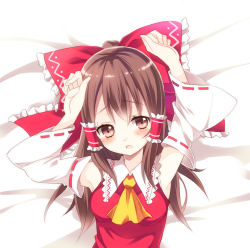 Rule 34 | 1girl, armpits, ascot, bad id, bad pixiv id, blush, bow, breasts, brown eyes, brown hair, detached sleeves, dress, female focus, hair bow, hair tubes, hakurei reimu, japanese clothes, lying, miko, on back, open mouth, otototo, red dress, solo, touhou, upper body, white background