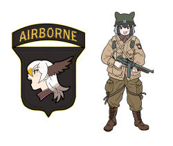 Rule 34 | 10s, 2girls, :d, animal helmet, bald eagle (kemono friends), black hair, blonde hair, blush stickers, boots, brown coat, brown eyes, brown footwear, coat, combat helmet, common raccoon (kemono friends), emblem, english text, explosive, fang, green pants, grenade, gun, head wings, helmet, holding, holding gun, holding weapon, kemono friends, long hair, m1 helmet, machine gun, military, military uniform, multicolored hair, multiple girls, open mouth, pants, patch, profile, roonhee, shoulder patch, sketch, smile, soldier, standing, trigger discipline, two-tone hair, uniform, weapon, white background, white hair, wings, yellow eyes