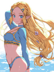Rule 34 | adapted costume, arm up, bikini, blonde hair, blue bikini, blue eyes, breasts, bs9999s, commentary, earrings, hair ornament, hairclip, highres, jewelry, long hair, looking at viewer, low-tied long hair, navel, nintendo, pointy ears, princess zelda, small breasts, smile, swimsuit, the legend of zelda, the legend of zelda: breath of the wild, upper body