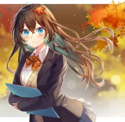 Rule 34 | 1girl, aqua eyes, aqua hair, autumn, autumn leaves, bad id, bad pixiv id, black jacket, blazer, blurry, blurry background, blush, bow, bowtie, brown hair, closed mouth, collared shirt, commentary request, cowboy shot, day, depth of field, floating hair, gradient hair, grey skirt, highres, holding, ion (on01e), jacket, leaf, leaf on head, long hair, long sleeves, looking at viewer, maple leaf, miniskirt, multicolored hair, open clothes, open jacket, orange bow, orange bowtie, original, outdoors, school uniform, shirt, skirt, sleeves past wrists, smile, solo, sweater vest, white shirt, wind
