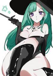 Rule 34 | 1girl, :o, absurdres, alternate costume, bare hips, bare shoulders, black footwear, black hat, boots, breasts, crocodile (965dilia), cross, cross necklace, dress, earrings, elbow gloves, gloves, green hair, grey dress, grey gloves, hat, highres, jewelry, knee boots, large breasts, long hair, looking at viewer, mole, mole on breast, necklace, pentagram, purple eyes, side slit, simple background, sitting, sketch, solo, strapless, strapless dress, swept bangs, tube dress, virtual youtuber, vspo!, wand, white background, wide hips, witch, witch hat, yakumo beni