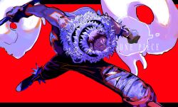 Rule 34 | 1boy, azisaiharumaki56, black border, black gloves, border, charlotte katakuri, copyright name, doughnut, food, gloves, highres, holding, holding weapon, letterboxed, male focus, one piece, outside border, pants, red background, short hair, sleeveless, sleeveless jacket, solo, stitched face, stitched mouth, stitches, v-shaped eyebrows, weapon