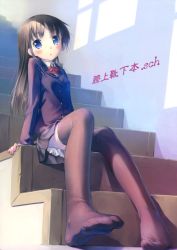 Rule 34 | 1girl, absurdres, arm support, artbook, black thighhighs, blazer, blue eyes, blush, bow, brown hair, cover, feet, foot focus, foreshortening, highres, indoors, jacket, long hair, looking at viewer, miniskirt, no shoes, original, petticoat, pleated skirt, school uniform, shirt, sitting, sitting on stairs, skirt, socks, soles, solo, stairs, takoyaki (roast), thighhighs, toes, white shirt, zettai ryouiki