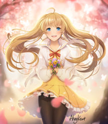 Rule 34 | 1girl, :d, absurdres, ahngkeut, ahoge, black pantyhose, blonde hair, blue eyes, blush, bouquet, bug, butterfly, cardigan, cowboy shot, day, floating hair, flower, highres, holding, holding bouquet, insect, layered skirt, long hair, miniskirt, neck ribbon, open cardigan, open clothes, open mouth, original, outdoors, pantyhose, petals, pleated skirt, purple flower, red ribbon, ribbon, shirt, signature, skirt, smile, solo, standing, very long hair, white cardigan, wind, wind lift, yellow flower, yellow shirt, yellow skirt