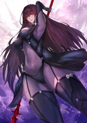 Rule 34 | 1girl, absurdres, armor, bodysuit, breasts, fate/grand order, fate (series), gae bolg (fate), hair intakes, highres, large breasts, leotard, pauldrons, polearm, purple bodysuit, purple hair, purple leotard, red eyes, scathach (fate), shoulder armor, solo, spear, thighs, weapon, yujieai