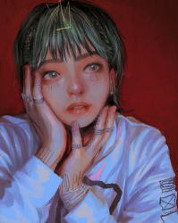 Rule 34 | 1girl, absurdres, blue eyes, body writing, bracelet, braid, earrings, green hair, hands up, highres, jewelry, lipstick, long sleeves, makeup, original, parted lips, red background, red lips, ring, short hair, solo, sweater, te&#039;resa, upper body, wataboku, white sweater