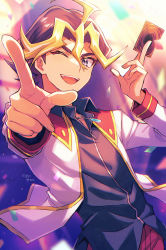 Rule 34 | 1boy, :d, ;d, bad perspective, blonde hair, brown hair, card, confetti, dyed bangs, holding, holding card, jacket, male focus, mikami (mkm0v0), multicolored hair, one eye closed, open clothes, open jacket, open mouth, pants, pointing, pointing at viewer, red pants, sawatari shingo, school uniform, smile, solo, two-tone hair, upper body, yu-gi-oh!, yu-gi-oh! arc-v