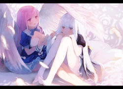 Rule 34 | 2girls, abstract background, angel wings, bare legs, barefoot, black shirt, blouse, blue dress, blue neckwear, blue skirt, blush, breasts, brushing hair, cleavage, cleavage cutout, clothing cutout, collared dress, dress, feathered wings, feathers, grey background, hairdressing, hands on own knees, highres, hololive, kagura gumi, kagura mea, knees to chest, large breasts, letterboxed, long hair, looking at another, looking to the side, minato aqua, minato aqua (1st costume), muike, multiple girls, neck ribbon, no shoes, open mouth, outstretched legs, pantyhose, pink hair, puffy short sleeves, puffy sleeves, purple eyes, red eyes, ribbon, shirt, short sleeves, silver hair, sitting, skirt, smile, very long hair, virtual youtuber, white legwear, wings