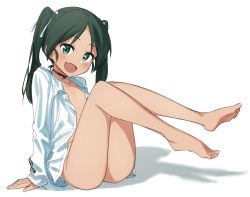 Rule 34 | 1girl, absurdres, ass, blush, bottomless, breasts, fang, fankupl, francesca lucchini, full body, green eyes, green hair, hair ornament, hair ribbon, highres, looking at viewer, no bra, no panties, open clothes, open mouth, open shirt, ribbon, shirt, simple background, small breasts, smile, solo, strike witches, twintails, white background, white shirt, world witches series