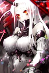 Rule 34 | 10s, 1girl, abyssal ship, bags under eyes, bare shoulders, breasts, claws, colored skin, detached sleeves, dress, horns, kantai collection, large breasts, long sleeves, red eyes, ribbed dress, seaport princess, sideboob, single horn, solo, togata, twitter username, white dress, white hair, white skin