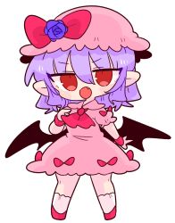 Rule 34 | 1girl, ascot, bat wings, blue flower, bow, collared dress, dress, fang, flower, frilled dress, frilled shirt collar, frilled sleeves, frills, hat, hat ribbon, highres, light purple hair, mob cap, op na yarou, pink dress, pink hat, pointing, pointing at self, pointy ears, puffy short sleeves, puffy sleeves, red ascot, red bow, red eyes, red footwear, red ribbon, remilia scarlet, ribbon, short hair, short sleeves, simple background, skirt, solo, touhou, v-shaped eyebrows, white background, white skirt, wings, wrist cuffs