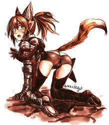 Rule 34 | ^^^, 1girl, all fours, animal ears, armored boots, ass, boots, brown theme, cameltoe, cat ears, commentary request, dated, extra ears, from behind, gauntlets, green eyes, highres, kotoba noriaki, limited palette, looking at viewer, looking back, armored boots, open mouth, original, panties day, signature, simple background, slit pupils, solo, tail, thighhighs, white background