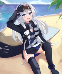 Rule 34 | 1girl, :d, absurdres, aj gtv, arm behind back, arm support, arm up, azur lane, beach, black coat, black dress, black gloves, blue eyes, bon homme richard (azur lane), coat, commission, day, dress, fur-trimmed coat, fur trim, gloves, hair between eyes, hairband, hand on own forehead, happy, highres, knee up, legs apart, long hair, long sleeves, looking at viewer, ocean, on ground, open clothes, open coat, open mouth, outdoors, pixiv commission, sitting, smile, solo, teeth, thighhighs, upper teeth only, very long hair, white hair