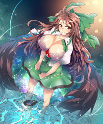 Rule 34 | 1girl, black wings, bow, breasts, brown hair, cape, cleavage, commentary request, floating hair, green bow, green skirt, hair bow, highres, kneehighs, large breasts, light smile, long hair, looking at viewer, miniskirt, open clothes, open shirt, red eyes, reiuji utsuho, shirt, shoes, skirt, socks, solo, standing, third eye, touhou, umigarasu (kitsune1963), white shirt, wings
