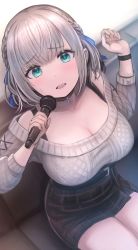 Rule 34 | 1girl, belt, blue ribbon, blush, braid, breasts, choker, cleavage, couch, cowboy shot, enumiyaa, eyeshadow, french braid, from above, green eyes, grey hair, grey sweater, hair ribbon, hands up, highres, holding, holding microphone, hololive, indoors, large breasts, looking at viewer, makeup, microphone, off-shoulder sweater, off shoulder, open mouth, pendant choker, plaid, plaid skirt, ribbon, shirogane noel, shirogane noel (casual), sitting, skirt, solo, spaghetti strap, sweatdrop, sweater, thighs, virtual youtuber, watch, wristwatch