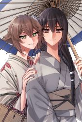 Rule 34 | 2girls, alternate costume, bag, black hair, breasts, brown hair, closed mouth, green eyes, hair between eyes, hair ornament, highres, holding, japanese clothes, kantai collection, kimono, long hair, low-tied long hair, machi (ritovoyage), multiple girls, mutsu (kancolle), nagato (kancolle), nail polish, obi, oil-paper umbrella, open mouth, red eyes, red nails, sash, short hair, simple background, twitter username, umbrella, upper body, white background, wide sleeves